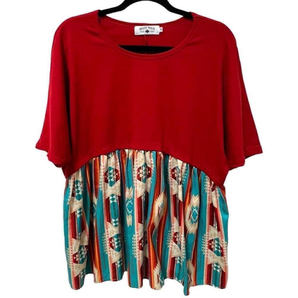 Crazy Train Red & Turquoise Tribal Print Oversized Boho WesternTop - Size M